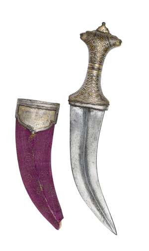 
	
		A fine Koftgari silver and gold inlaid jambiyya, Deccan, India, late 18th-early 19th...