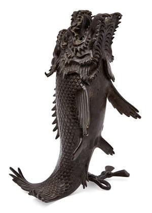 
	
		A Chinese bronze 'dragon carp' censer, Ming dynasty, modelled as a leaping carp with...