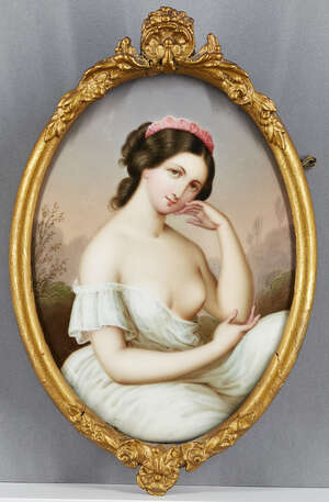 
	
		A Continental porcelain oval portrait plaque of a young girl, in the manner of KPM, 19th...