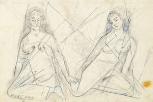 
	
		Marie Vorobieff Marevna, Russian 1892-1984- Two women, 1972; charcoal with blue ink...