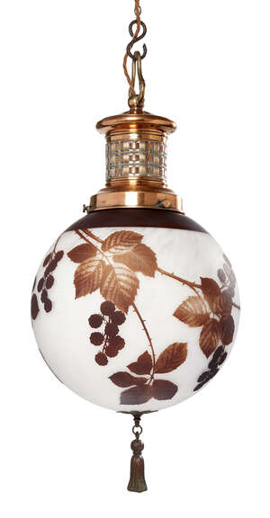 
	
		A cameo glass hanging light shade of globular form
		First half 20th Century
		Mottled...