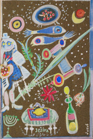 
	
		Jacob Bornfriend, Czech 19041976- "Happy Times! (Greetings Card)"; gouache, signed,...