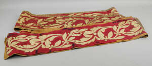 
	
		Two embroidered border panels, late 17th/early 18th century, on red silk ground, with a...
