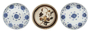 
	
		A pair of Chinese porcelain 'lotus' dishes, 19th century, painted in underglaze blue with...