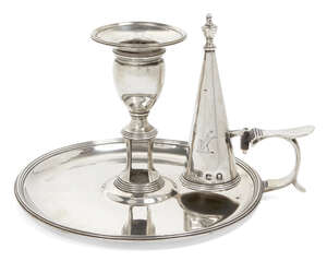
	
		A George III silver chamberstick and snuffer, London, c.1787, John Crouch I and Thomas...