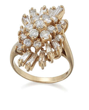 
	
		A diamond ring, of cluster design set with brilliant-cut and baguette diamonds, ring size...
