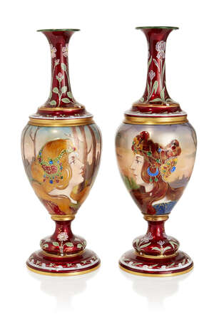 
	
		Théofile Soyer (French 1853-1940), a pair of Art Nouveau polychrome and translucent...