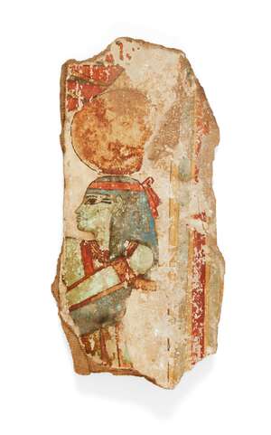 An Egyptian polychrome painted cartonnage fragment, 3rd Intermediate Period c. 900-750 B.C., the outer curved surface decorated with a green fleshed goddess wi
