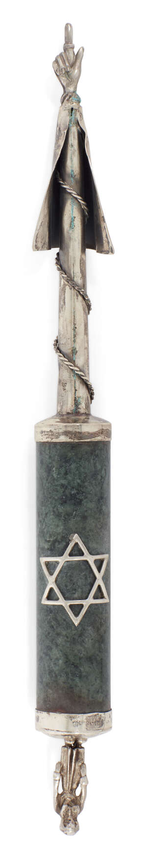 
	
		A silver Torah pointer, yad, bearing spurious Russian marks, with cylindrical green...
