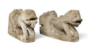 
	
		A pair of carved stone lions, Rajasthan, North India, 19th century, formally...
