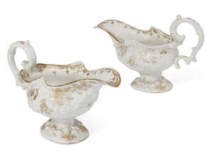 
	
		A pair of Bow porcelain silver-shaped rococo-style gravy boats, circa 1750-1755, moulded...