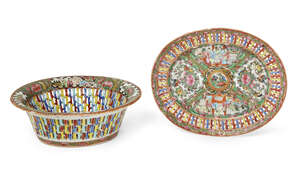 A Chinese Canton porcelain reticulated bowl and stand, 19th century, both painted in famille...