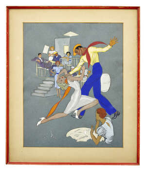 
	
		Bosch 
		'The Tango', c.1940s-50s, signed 'B o Sch'
		Gouache over chalk/crayon, on...