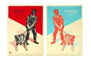 Shepard Fairey, American, b.1970 and Franciso II Reyes-&nbsp;My dog walker is a dick, 2021;&nbsp;two...