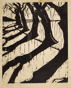 
	
		Jacob Pins, 
		German/Israeli 1917-2005- 
		 
		Avenue of Trees, 1950; 
		 
		woodcut,...