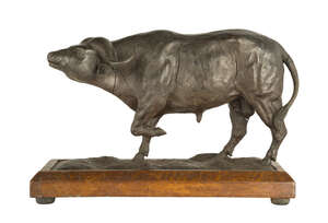 
	
		A painted plaster model of a water buffalo, India, early 20th century, on a rectangular...