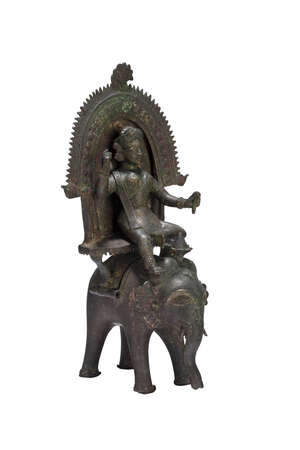A bronze statue of an elephant and rider, with Bengali inscription, India, 19th century, cast in three parts, the elephant with rounded  legs, straight trunk a