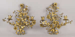 
	
		A pair of two light gilt metal wall lights, 20th century, entwined with flowers and...