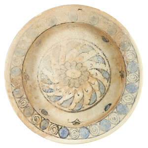 
	
		A Miletus ware blue and white pottery bowl, Turkey, 15th century, underglaze painted to...