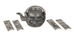 
	
		A Chinese pewter mounted black Yixing tea pot and four landscape decorated scroll...