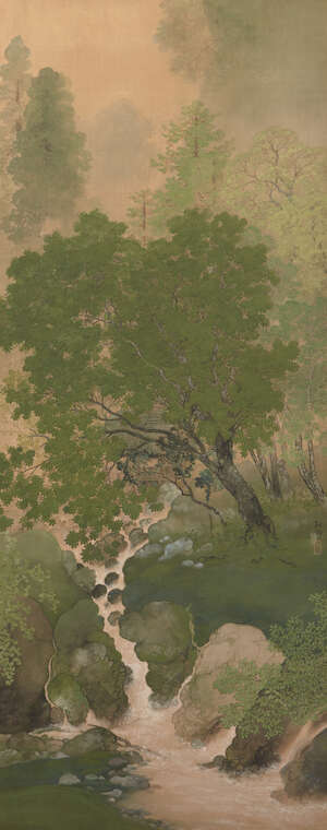 
	
		20th century Japanese School, ink and colour on silk, stream within a wooded landscape,...