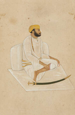 
	
		Portrait of a seated man with a sword, Delhi, circa 1840, opaque watercolour on paper...