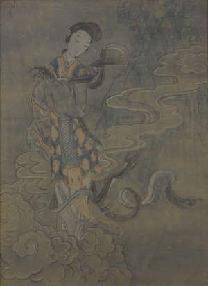 
	
		A Chinese painted stucco panel, 17th century, depicting Guanyin amidst clouds with serene...