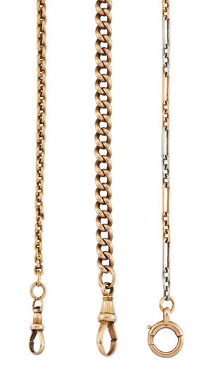 Three late 19th/early 20th century gold watch chains, comprising: a platinum and gold fetter and three link chain, stamped 18ct, a curb link chain, stamped 15c