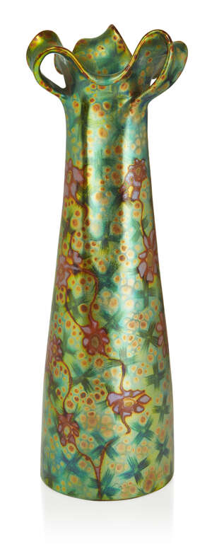 
	
		 Zsolnay (Hungarian), an Art Nouveau Eosin glazed three handled vase, the form designed...