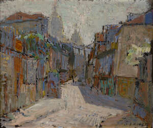 Jan Ekiert, 
		Polish/French 1907-1993- 
		 
		Street scene in France; 
		 
		oil on board, signed 'Ekiert' lower right, 21 x 25.5 cm (ARR) 
		