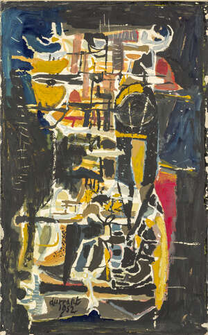 
	
		Roy Turner Durrant, 
		British 1925-1998- 
		Self Portrait, 1952; 
		acrylic on paper laid...