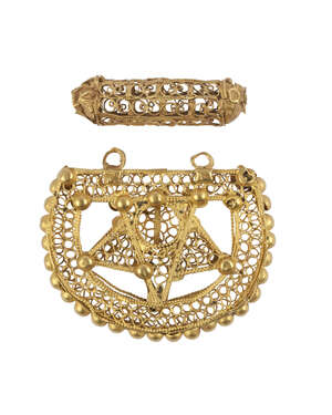 
	
		Two gold filigree elements, Iran, 11th-12th century, the first an earring element in the...