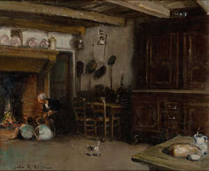 
	
		Jules Rene Herve, 
		French 1887-1981 - 
		 
		Woman and children by the fire;...