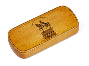 
	
		A Mauchline ware satinwood snuff box, early 19th century, decorated with William III on...