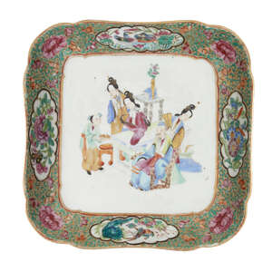 
	
		A Chinese Canton porcelain square plate, 19th century, painted in famille rose enamels...