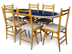 RTO Manner of Ico ParisiDining table and six dining chairs, circa 1950Beech, glass, leatherTable...