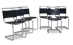 
	
		A set of six chromed and leather chairs by PEL (Practical Equipment Ltd),
		c.1930, each...