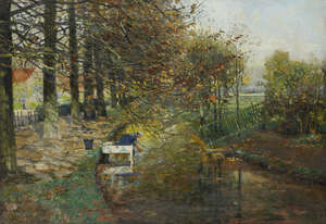 
	
		Hans Herrmann,
		German 1858-1942-
		Canal scene Holland, 1853;
		oil on canvas, signed...