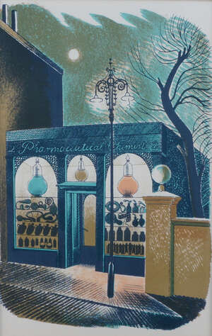 Eric Ravilious, 
		British 1903-1942- 
		 
		Pharmaceutical Chemist, 1938;
		 
		lithograph in colours on wove, plate 21.5 x 14cm (framed)
		 
		 