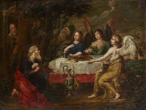 Flemish School, 
		mid-late 17th century-
		Abraham with The Three Angels;
		oil on copper panel, 54.5x72cm 
		 
