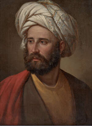 
	
		A portrait of a bearded European in Ottoman or Greek dress, 19th century, oil on canvas,...