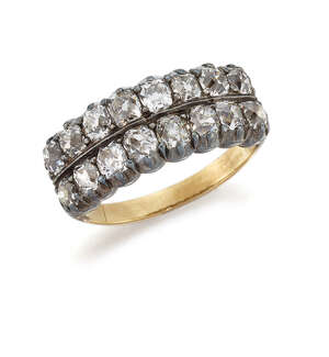 
	
		A late Victorian diamond half-hoop ring, set with two rows of old-cut diamonds mounted in...