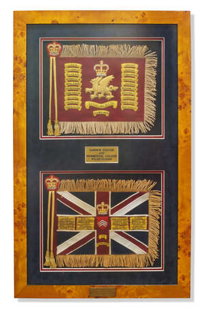 
	
		A group of framed Guards insignia and prints; including: two miniature silk and bullion...