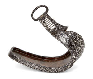 
	
		A Japanese Abumi inlaid-iron stirrup, Edo period, decorated with Eiraku Tsūhō coin...