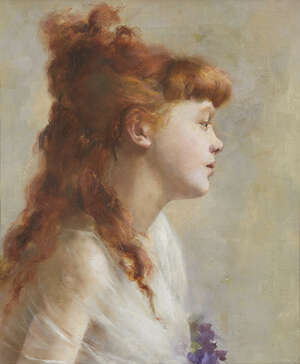 
	
		Circle of Jules Joseph Lefebvre, 
		French 1836-1911- 
		Portrait in profile of a girl...