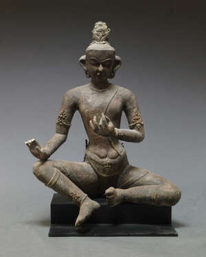 
	
		A large Nepalese clay Bodhisattva, 19th century, with right hand on knee, 38cm high

	

