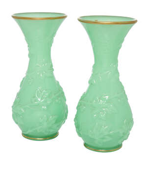 
	
		A pair of French green opaline glass vases, possibly by Baccarat,  late 19th/early 20th...