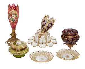 
	
		A Bohemian ruby glass and gilt metal single horn epergne stand, 19th century, decorated...