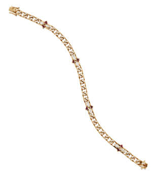 
	
		An 18ct gold, ruby and diamond bracelet, the brilliant-cut diamond curb-link bracelet...
