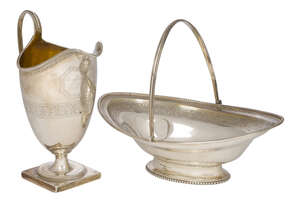 
	
		A swing-handled George III bonbon dish with matching jug, London, c.1789 and 1791, Henry...